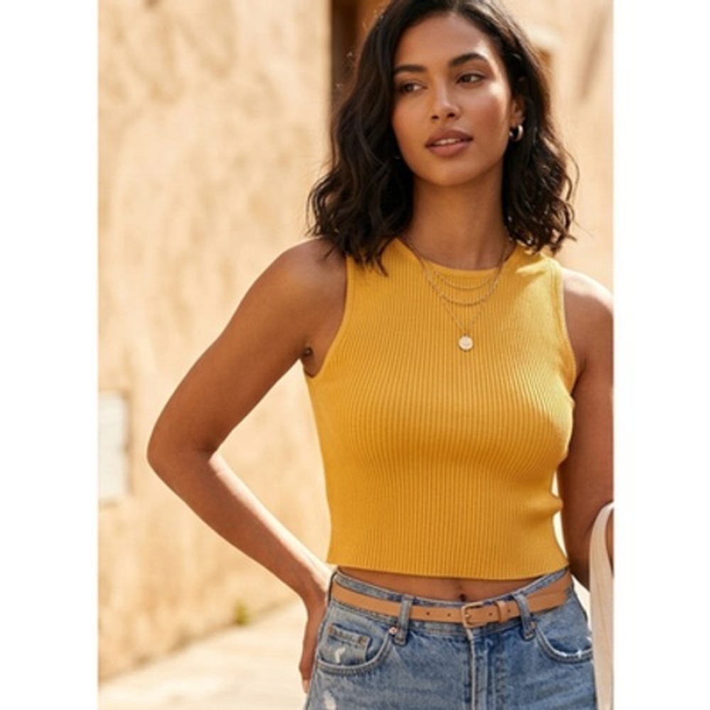 Verve Mustard Yellow Ribbed Sleeveless Crew Neck Crop Top One Size